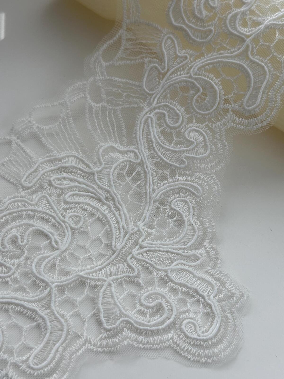 1Yd Non-Stretch 6" Off-White Corded Embroidery Bridal Mesh Lace Wholesale
