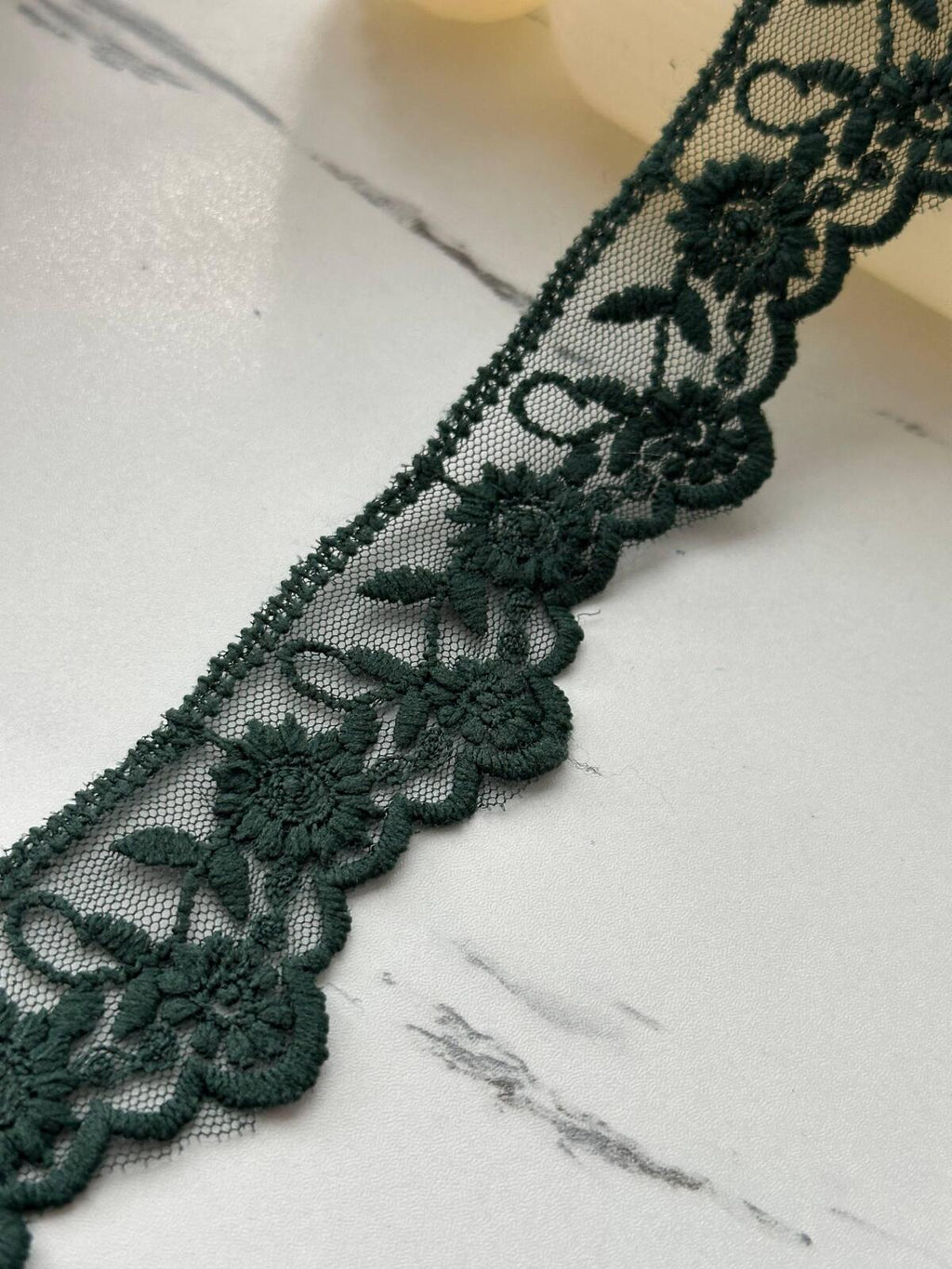 6Yds Non-Stretch 1.5" Dark Forest Green Cotton Embroidered Mesh Lace Trim