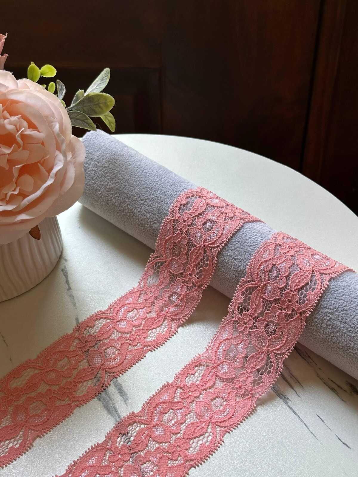 10yds Soft Peach Coral Pink Floral Stretch Lace Trim by the Yard, Scalloped Elastic Ribbon for Coquette Crafts, 2", Retail Wholesale Bulk