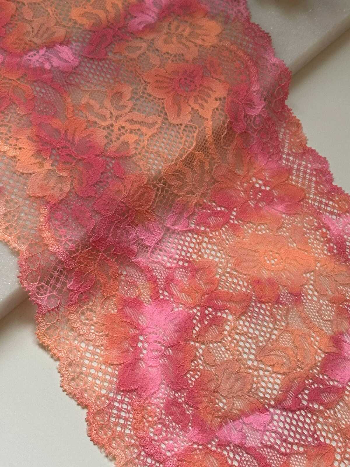Ombre Pink Wide Lace Trim by Yard, 6.35" Sunset Elastic Ribbon, Coquette Y2K Lace, Lingerie Lace, DIY Sewing Craft, Retail Wholesale
