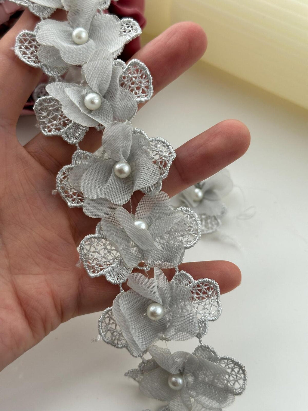 2Yds Non-Stretch 1.8" Grey 3D Chiffon Flower Beaded Pearl Lace Trim Wholesale