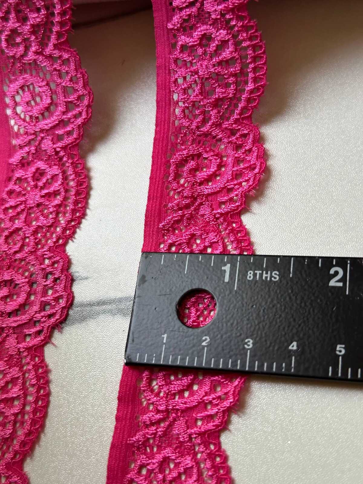 10yds  Vibrant Hot Fuchsia Pink Floral Stretch Lace Trim by the Yard, Scalloped Elastic Ribbon for Coquette Crafts, 1.1" Retail Wholesale