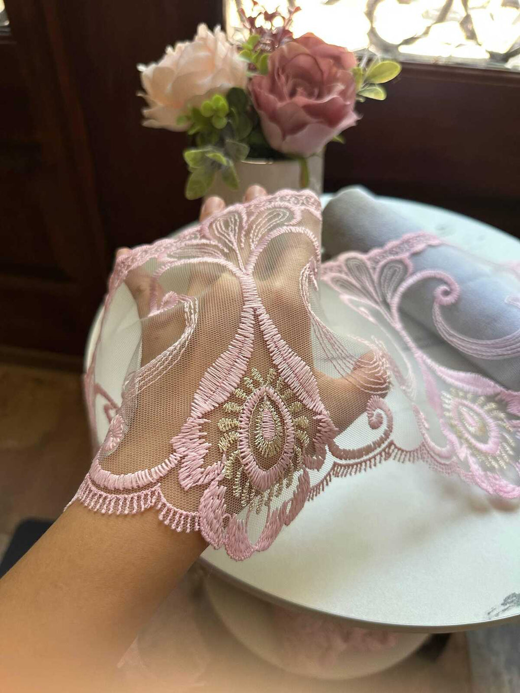 Dusty Pink Gold Embroidered Organza Lace Trim by the Yard, Wide Structured Scroll Ribbon for Curtain Pillow Home Decor Crafts, 7.2"