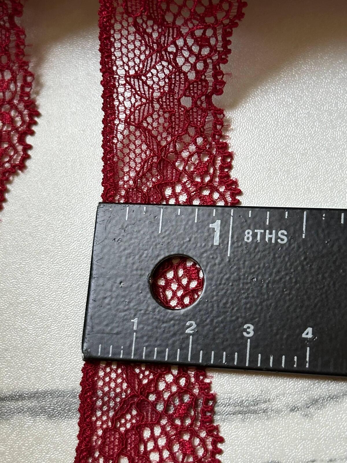 10yds Soft Crimson Wine Floral Stretch Eyelash Lace Trim by the Yard, Narrow Scalloped Elastic Ribbon for Crafts, 1", Retail Wholesale Bulk