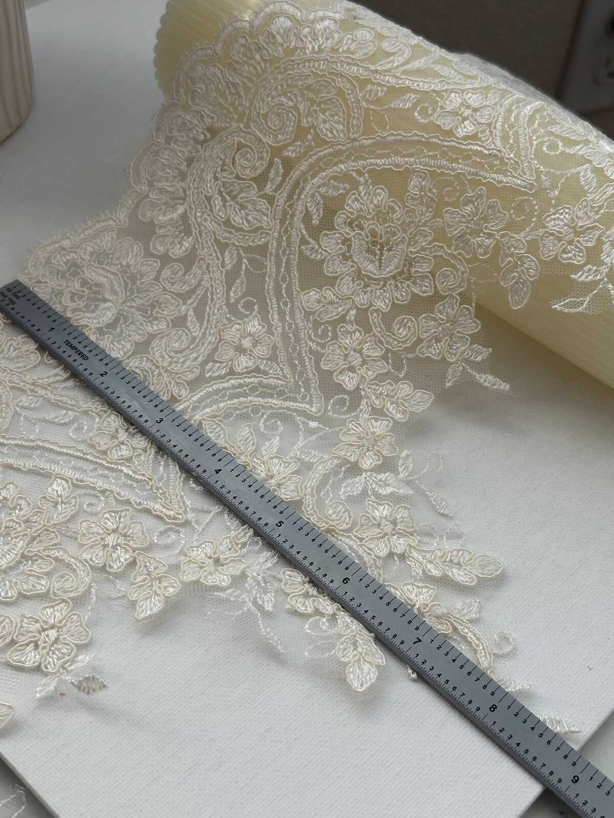 1Yd Non-Stretch 8.5" Off-White Corded Floral Bridal Mesh Lace Trim Wholesale