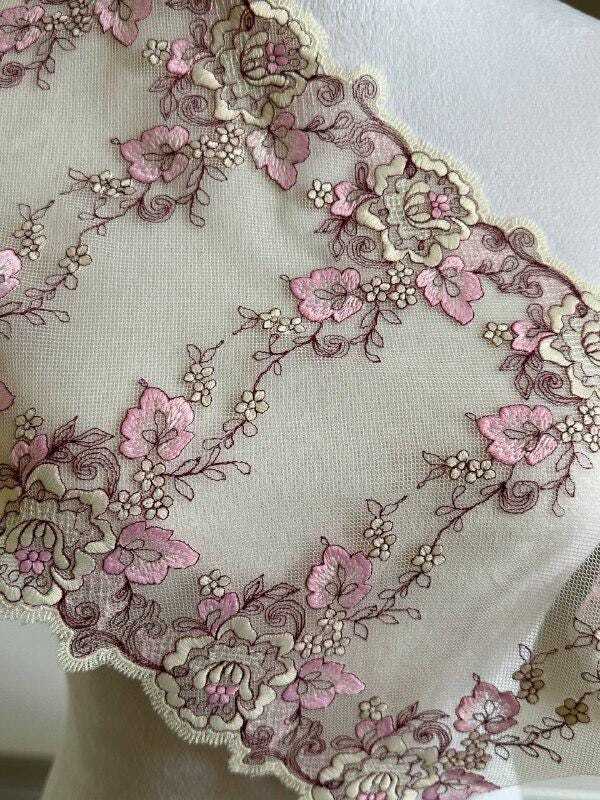 7.5 Inch Wide Soft Mesh Lace Trim, Pink Floral Eyelash Tulle Ribbon for Sewing, Luxurious Bridal Craft