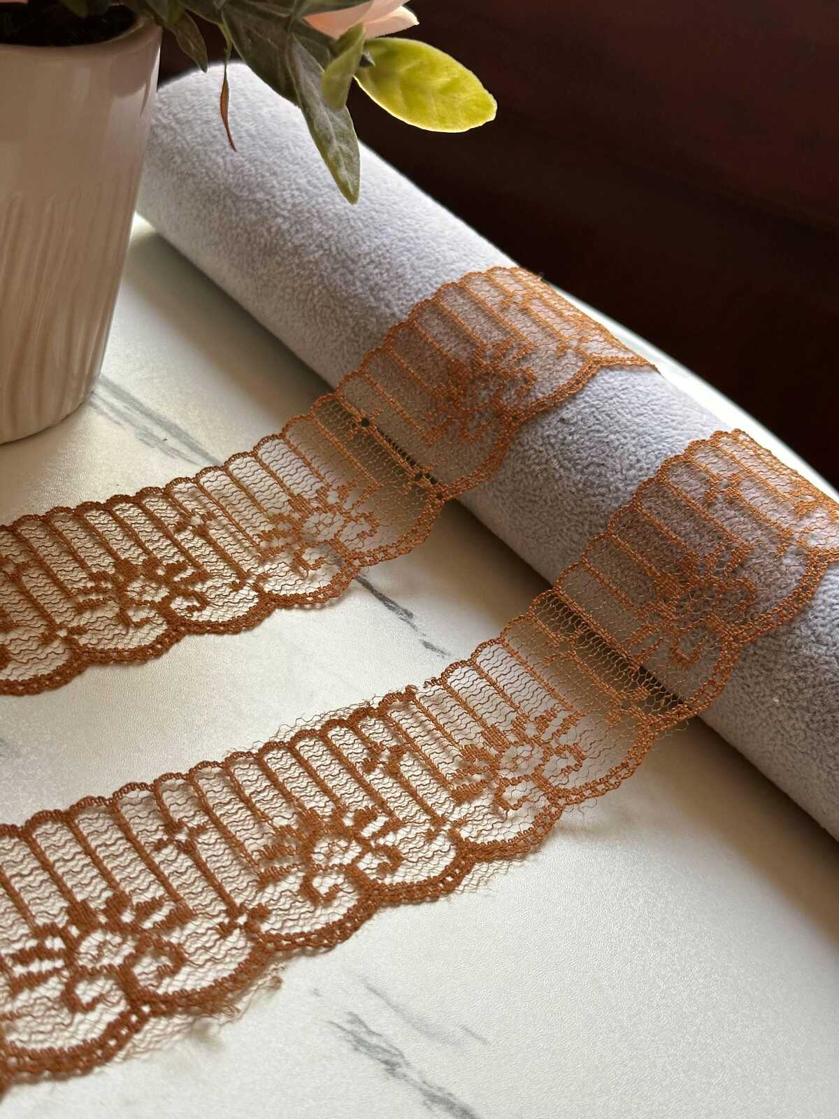 10 yds CLEARANCE！Amber Bronze Brown Rigid Non Stretch Lace Trim by the Yard, Structured Scalloped Ribbon for Hair Bows Crafts, 1.6"
