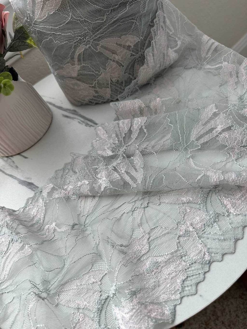 1Yd Slight Stretch 7.2" Two Tone Mint Pink Floral Wide Lace Trim Wholesale
