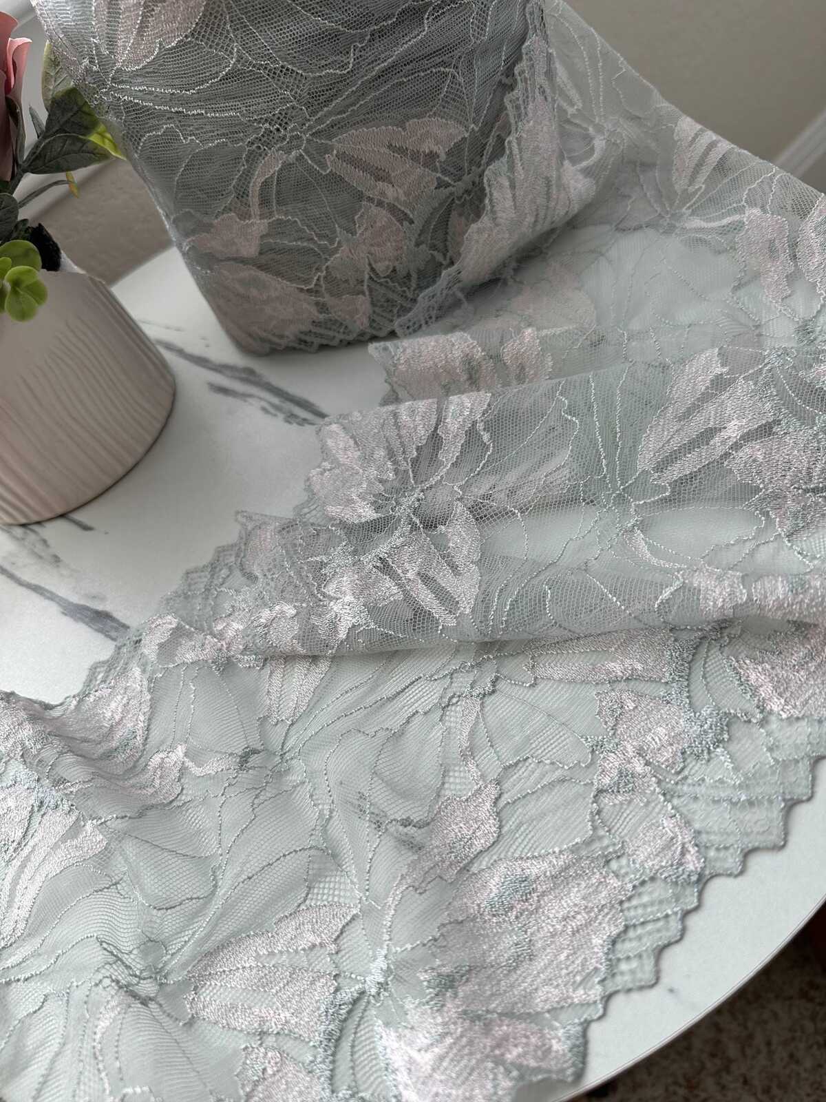 1Yd Slight Stretch 7.2" Two Tone Mint Pink Floral Wide Lace Trim Wholesale