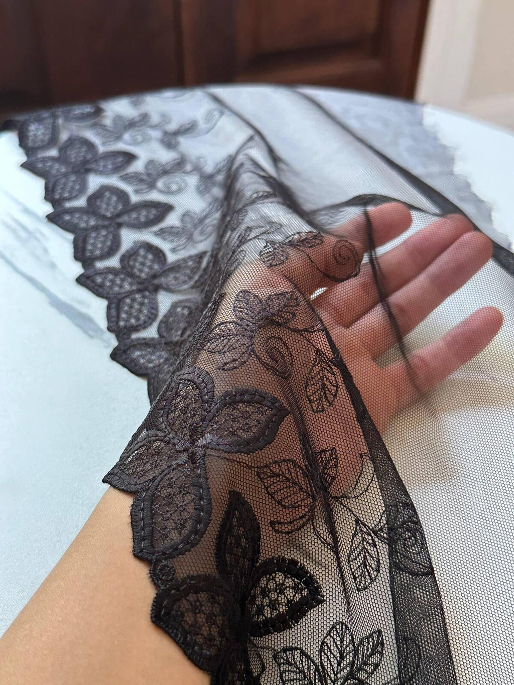 9.25" Black Butterfly Lace Trim Wide Embroidered Soft Tulle Mesh Single Scalloped Edge Gothic Floral Ribbon for Lingerie Garment Sewing