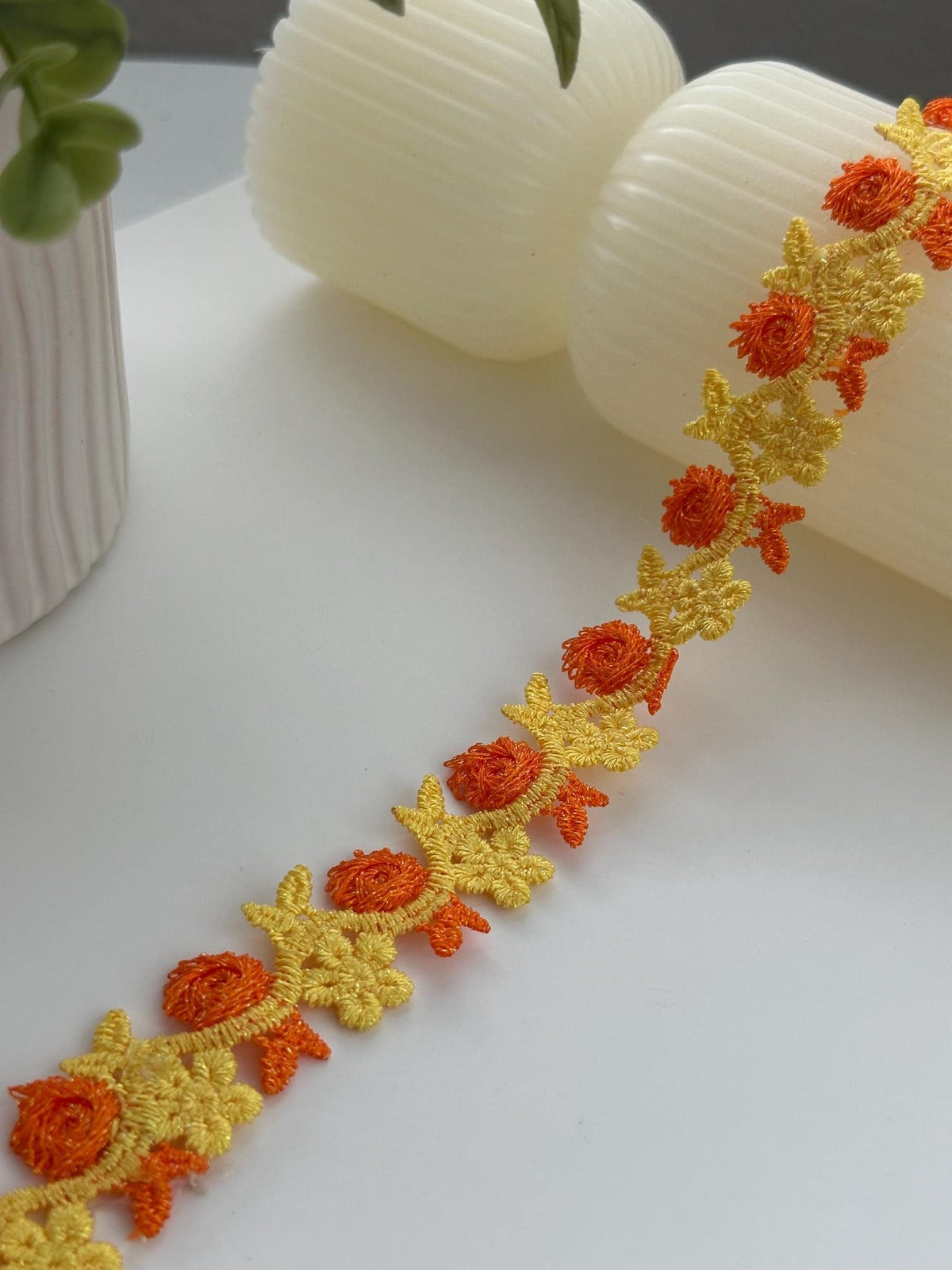 3Yds Non-Stretch 0.8" Yellow Orange 3D Rose Flower Embroidered Lace Wholesale