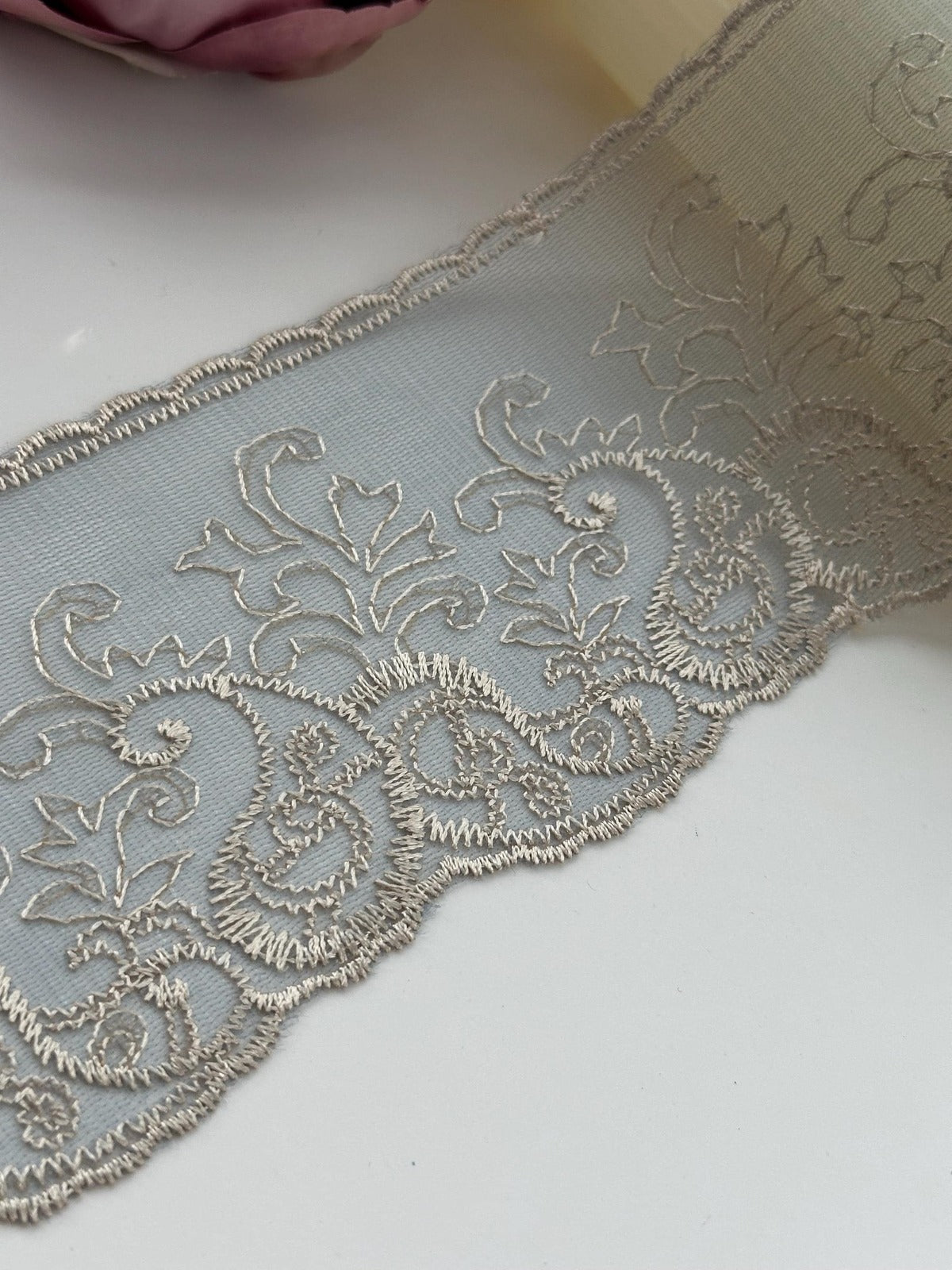 1Yd Non-Stretch 3.7" Dusty Blue Beige Embroidered Floral Mesh Lace Wholesale