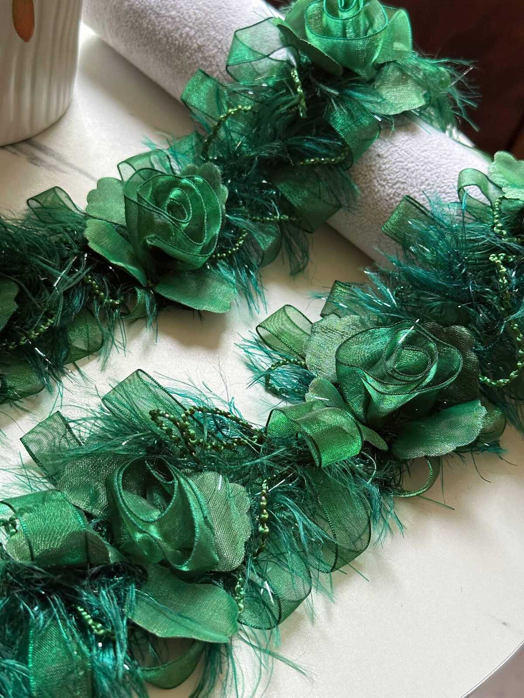 Emerald Green 3D Organza Rose Feather Beaded Trim, Wide Ribbon Garland, Coquette Craft Supply, 3", Retail Wholesale Bulk