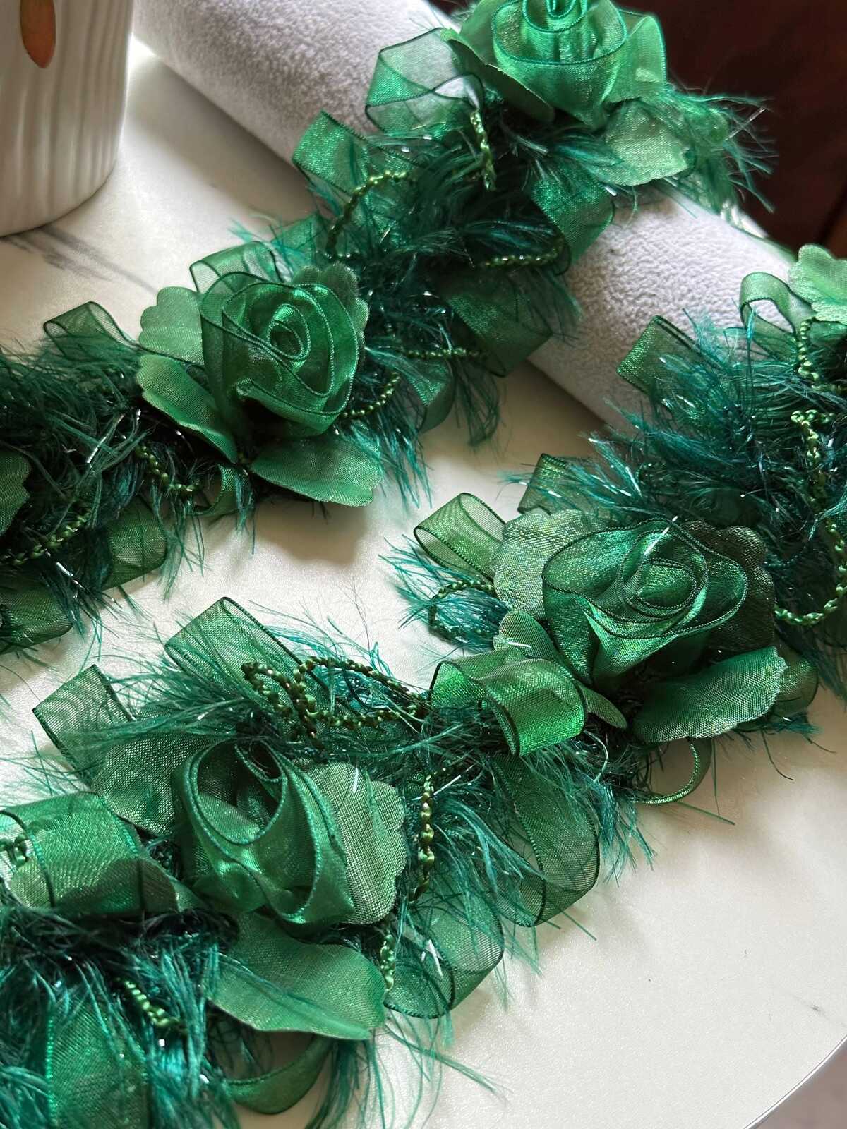 Emerald Green 3D Organza Rose Feather Beaded Trim, Wide Ribbon Garland, Coquette Craft Supply, 3", Retail Wholesale Bulk