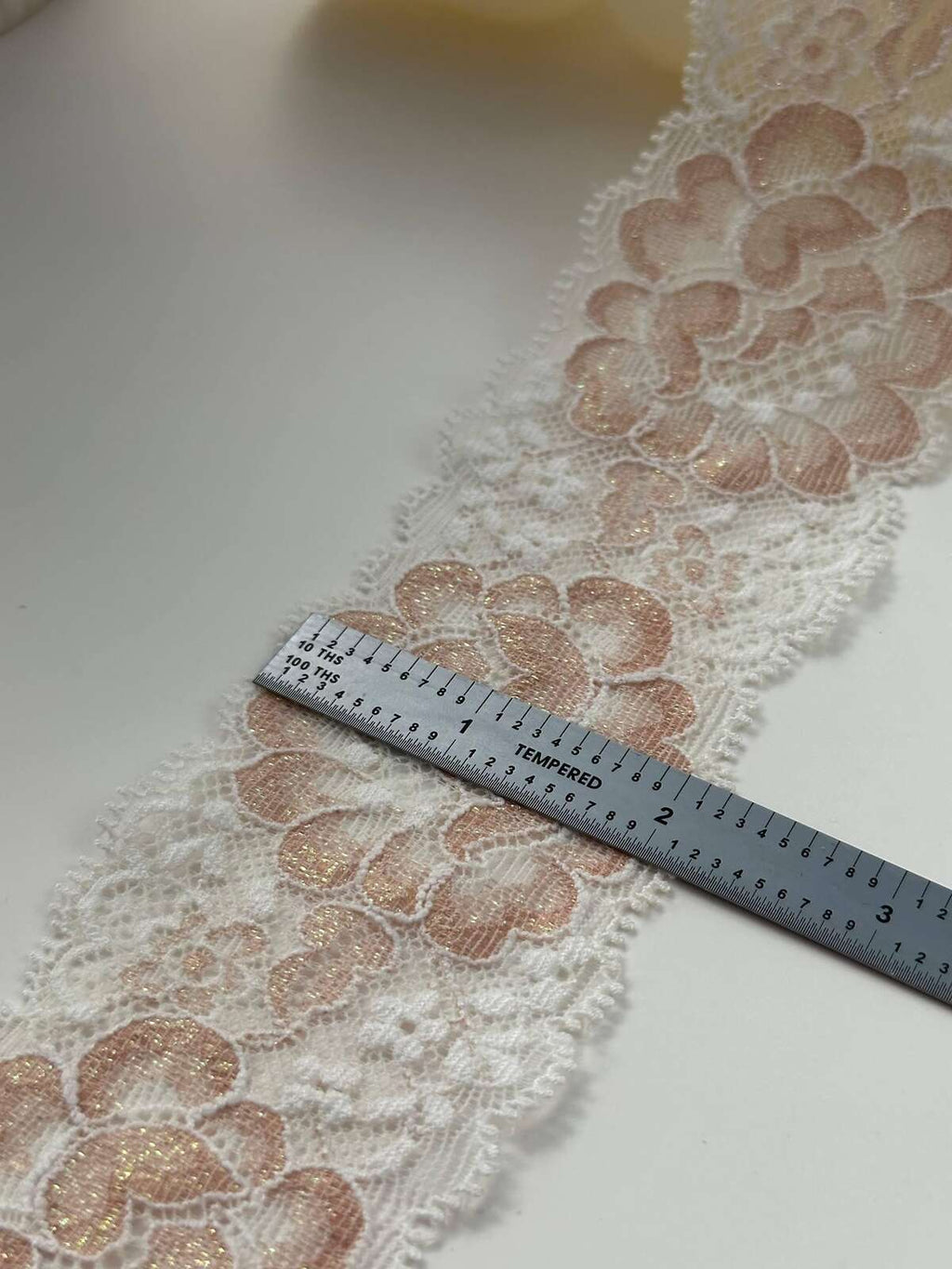 6Yds Stretch 2" Dusty Rose Gold Shimmer Floral Scalloped Stretch Lace Wholesale