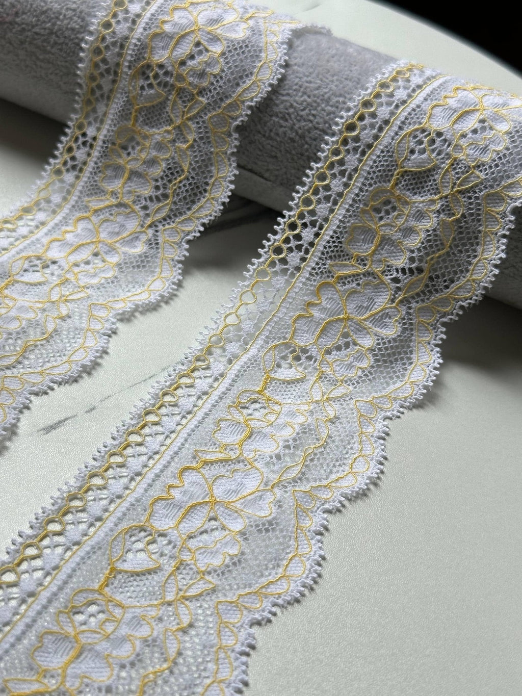 Two Tone White Yellow Floral Corded Stretch Lace Trim by Yard, Scalloped Elastic Ribbon for Crafts, 2.35", Retail Wholesale Bulk