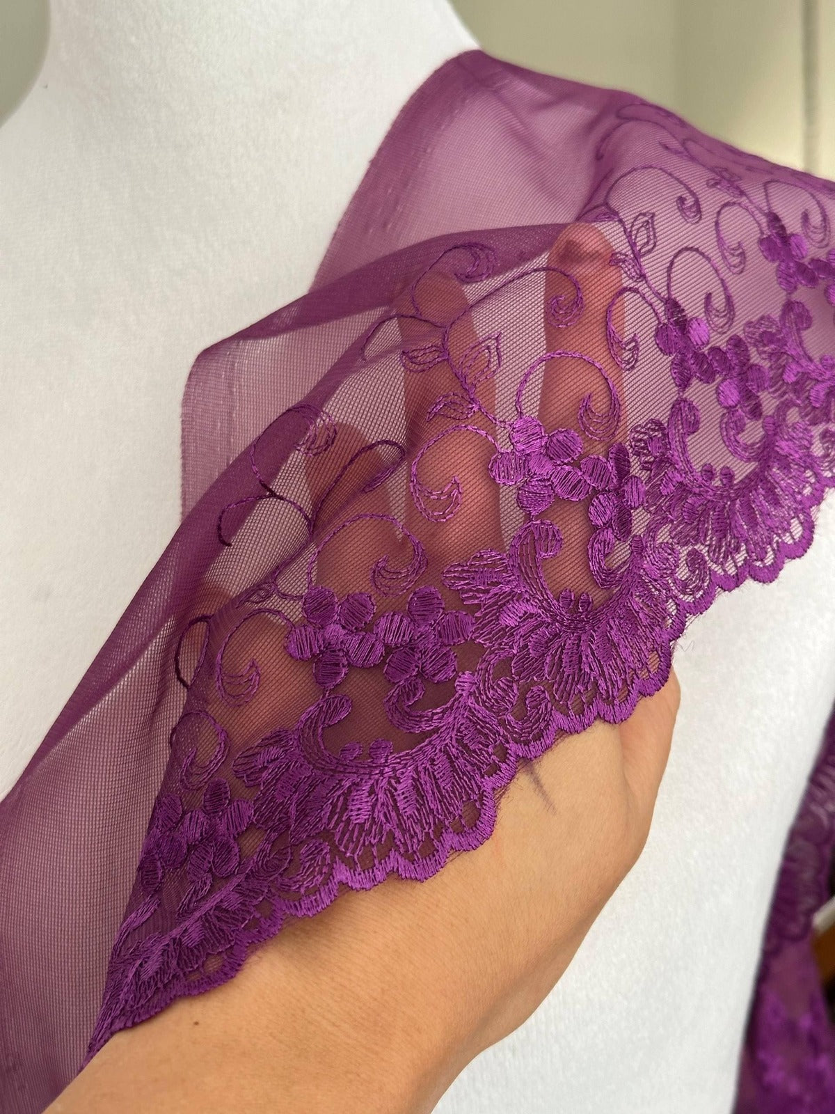 3Yds Non-Stretch 6" Purple Floral Mesh Embroidered Lace Trim, Craft Wholesale