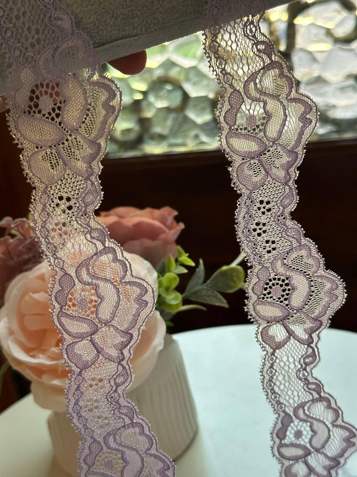 10yds Soft Dusty Lilac Floral Wavy Stretch Lace Trim by the Yard, Scalloped Elastic Ribbon for Coquette Crafts, 1.75", Retail Wholesale Bulk