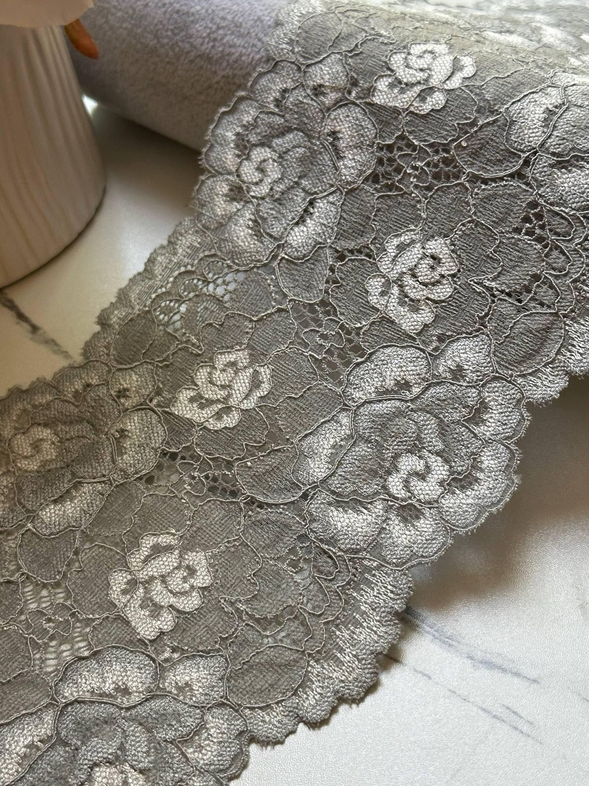 Silver Grey Corded Rose Floral Lace Trim by the Yard, Structured Slight Stretch Ribbon for Crafts, 5", Retail Wholesale Bulk