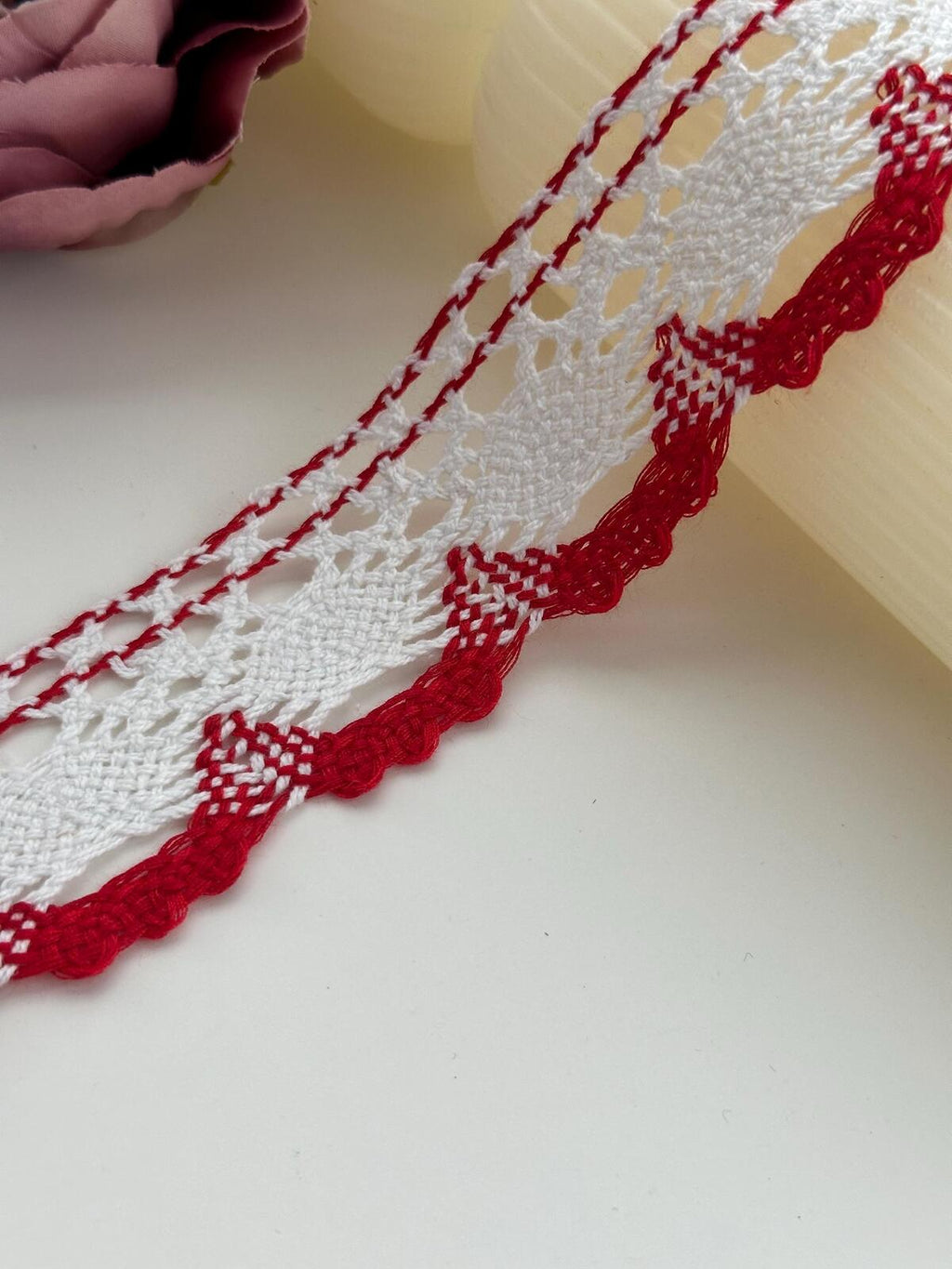 3Yds Non-Stretch 1.5" Red White Cotton Crochet Scalloped Lace Trim Wholesale