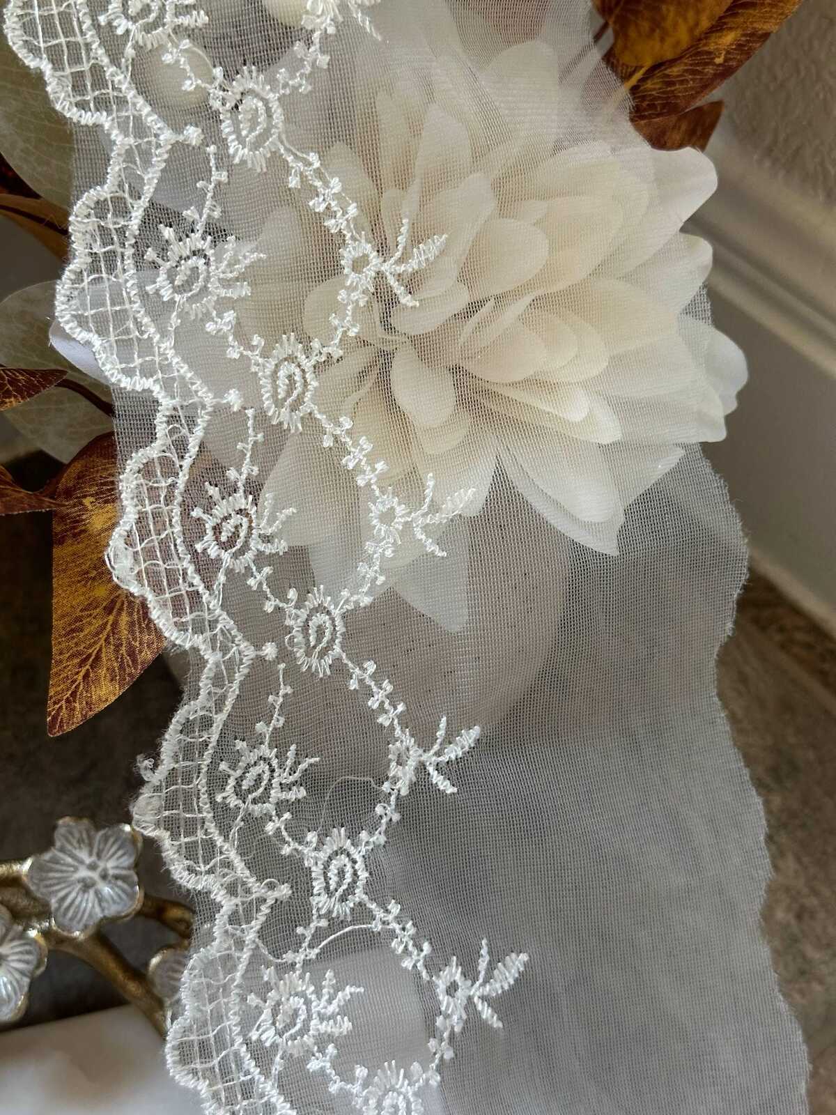 Ivory Organza Embroidered Lace Trim by Yard, Structured Floral Scalloped Ribbon, 5" Wide 3" Embroidery, Retail Wholesale Bulk