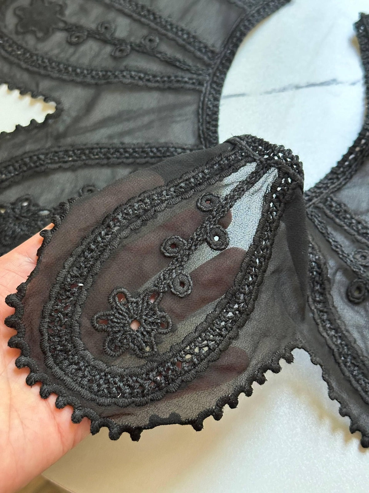 Black Organza Embroidered Lace Collar Detachable Peter Pan Neckline Applique Statement Bodice Motif for Gowns Blouses Crafts, 6"