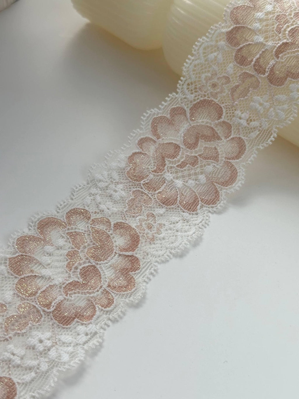 6Yds Stretch 2" Dusty Rose Gold Shimmer Floral Scalloped Stretch Lace Wholesale