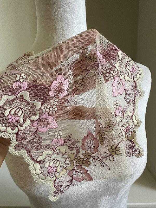 7.5 Inch Wide Soft Mesh Lace Trim, Pink Floral Eyelash Tulle Ribbon for Sewing, Luxurious Bridal Craft