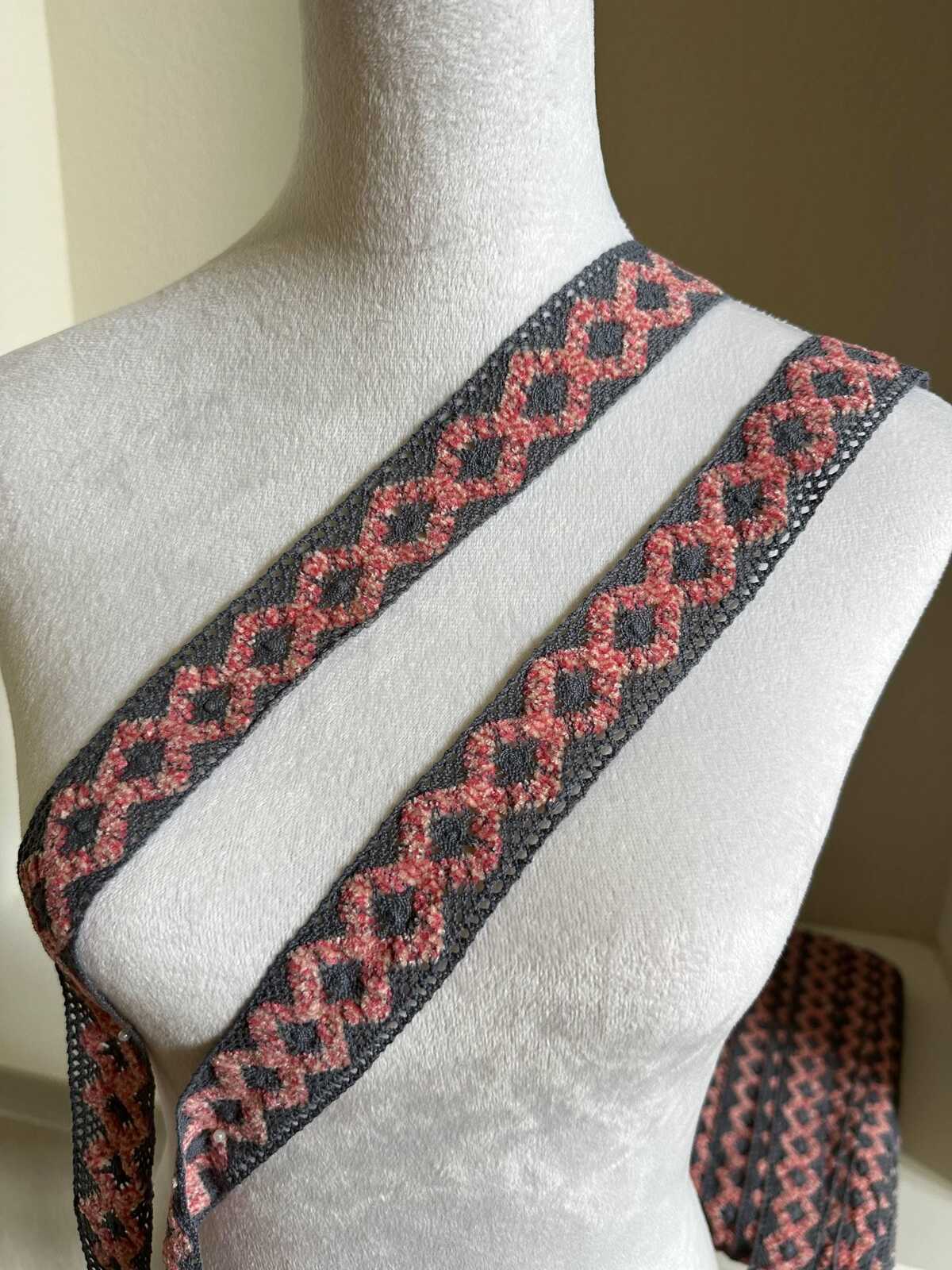 1.5" Crochet Cotton Lace Trim Gray & Pink, Two Tone Boho Geometric Non-Stretch Ribbon for Cottagecore Sewing, Folk Costume Edging by Yard