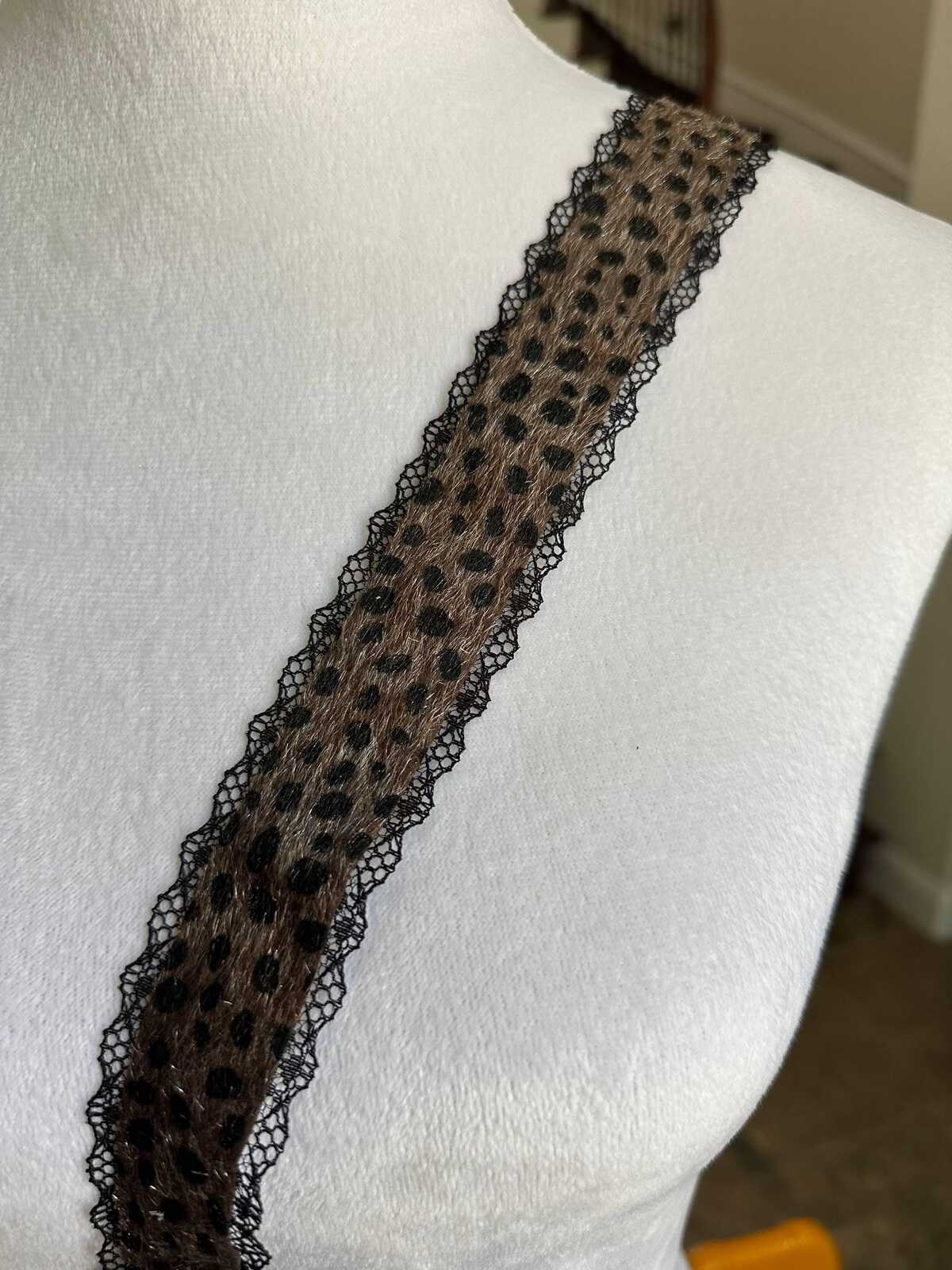 Leopard Print Mohair Faux Fur Black Lace Trim Symmetrical Scalloped Eyelash Ribbon for Y2K Grunge Lingerie Crafts Sewing, 1.25"