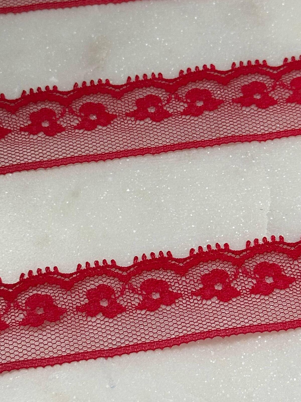 10yds Ultra Soft Crimson Red Floral Eyelash Non-Stretch Mesh Lace Trim by the Yard, Narrow Scalloped Tulle Ribbon, 1", Retail Wholesale Bulk