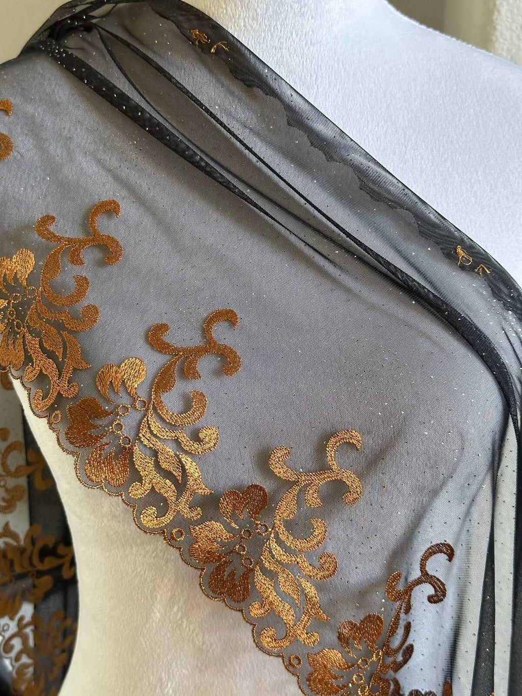 Glitter Gold Soft Mesh Embroidered Trim, Heavy Scalloped Floral Lace Fabric, 4 Inch Embroidery Border for Lolita Dress Ruffle, By The Yard