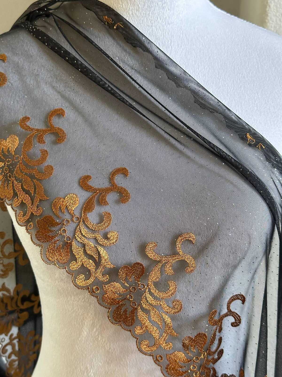 Glitter Gold Soft Mesh Embroidered Trim, Heavy Scalloped Floral Lace Fabric, 4 Inch Embroidery Border for Lolita Dress Ruffle, By The Yard