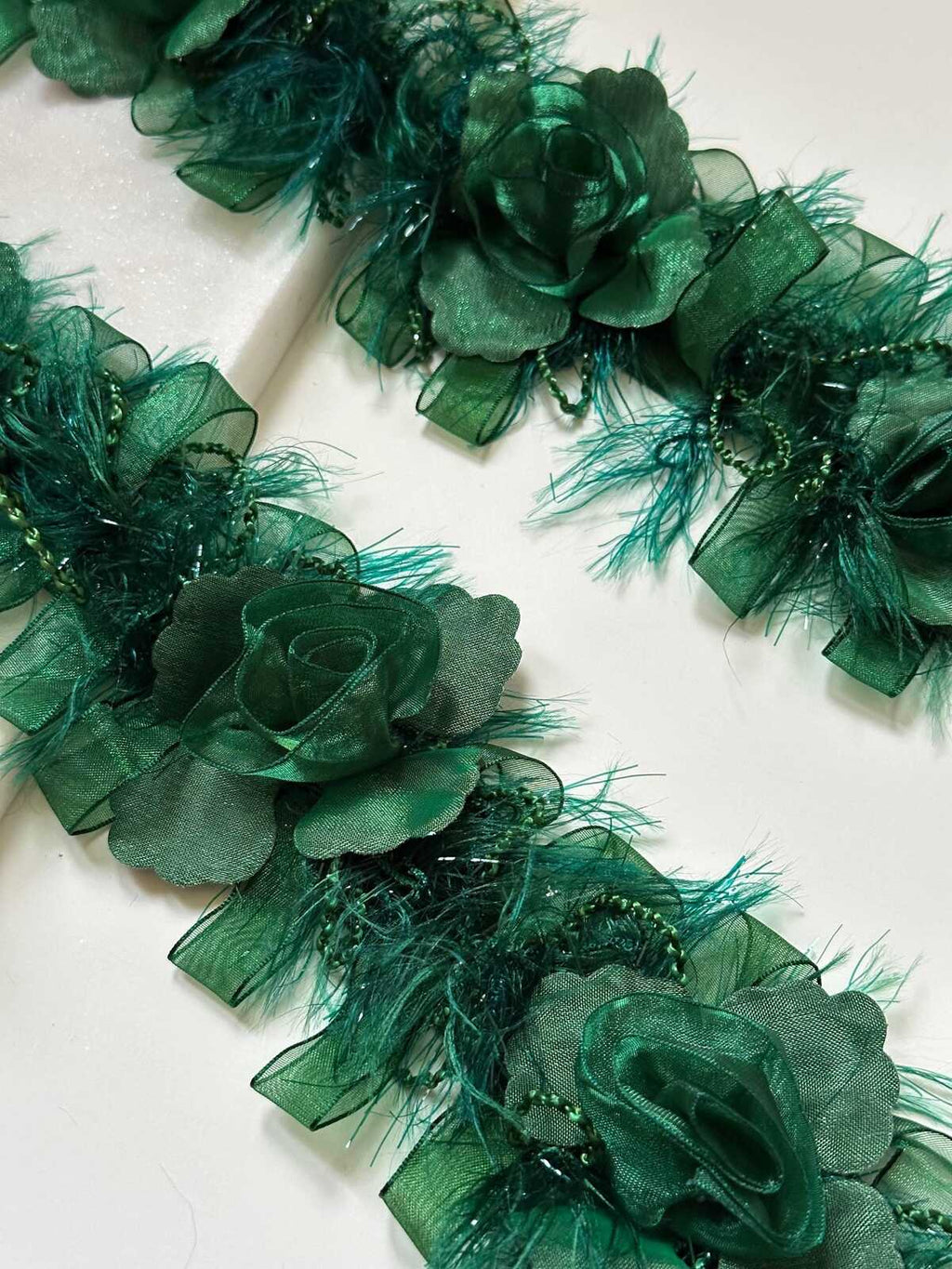 Emerald Green 3D Organza Rose Feather Beaded Trim, Wide Ribbon Garland, Coquette Craft Supply, 3", Retail Wholesale Bulk