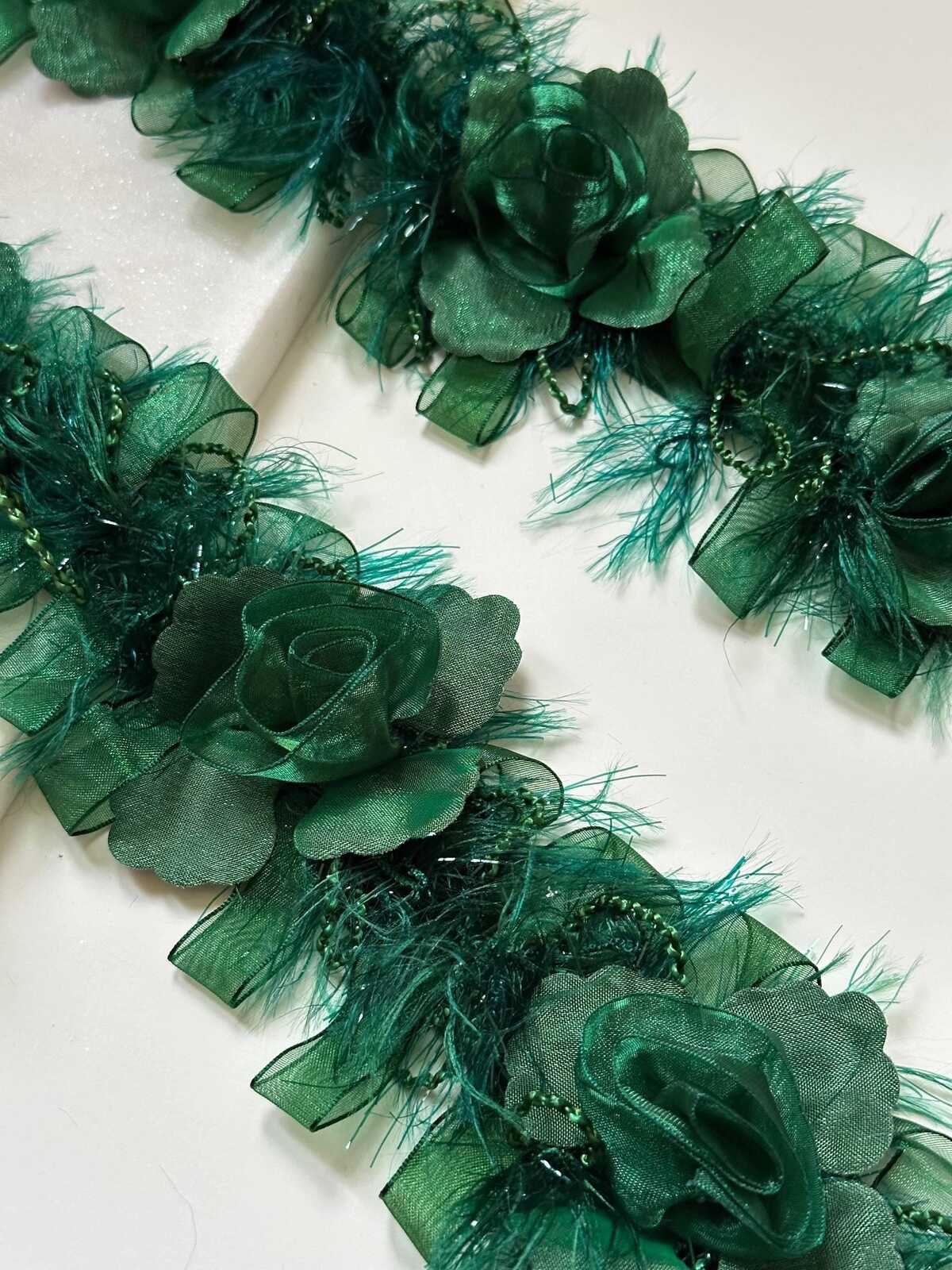 Emerald Green 3D Organza Rose Feather Beaded Trim, Wide Ribbon Garland, Coquette Craft Supply, 3", Retail Wholesale Bulk