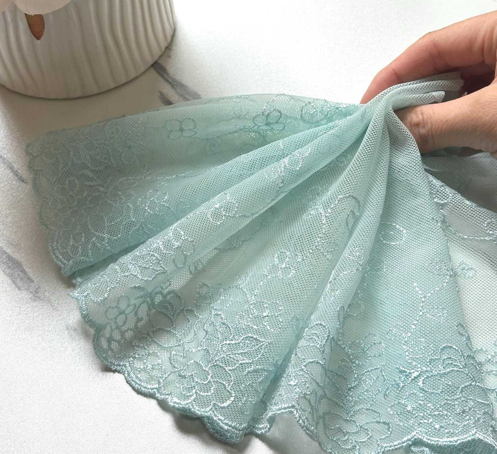 Mint Green Embroidered Tulle Lace Trim, Ultra Soft Sheer Mesh Ribbon, Coquette Craft Supply, 7", Retail Wholesale Bulk