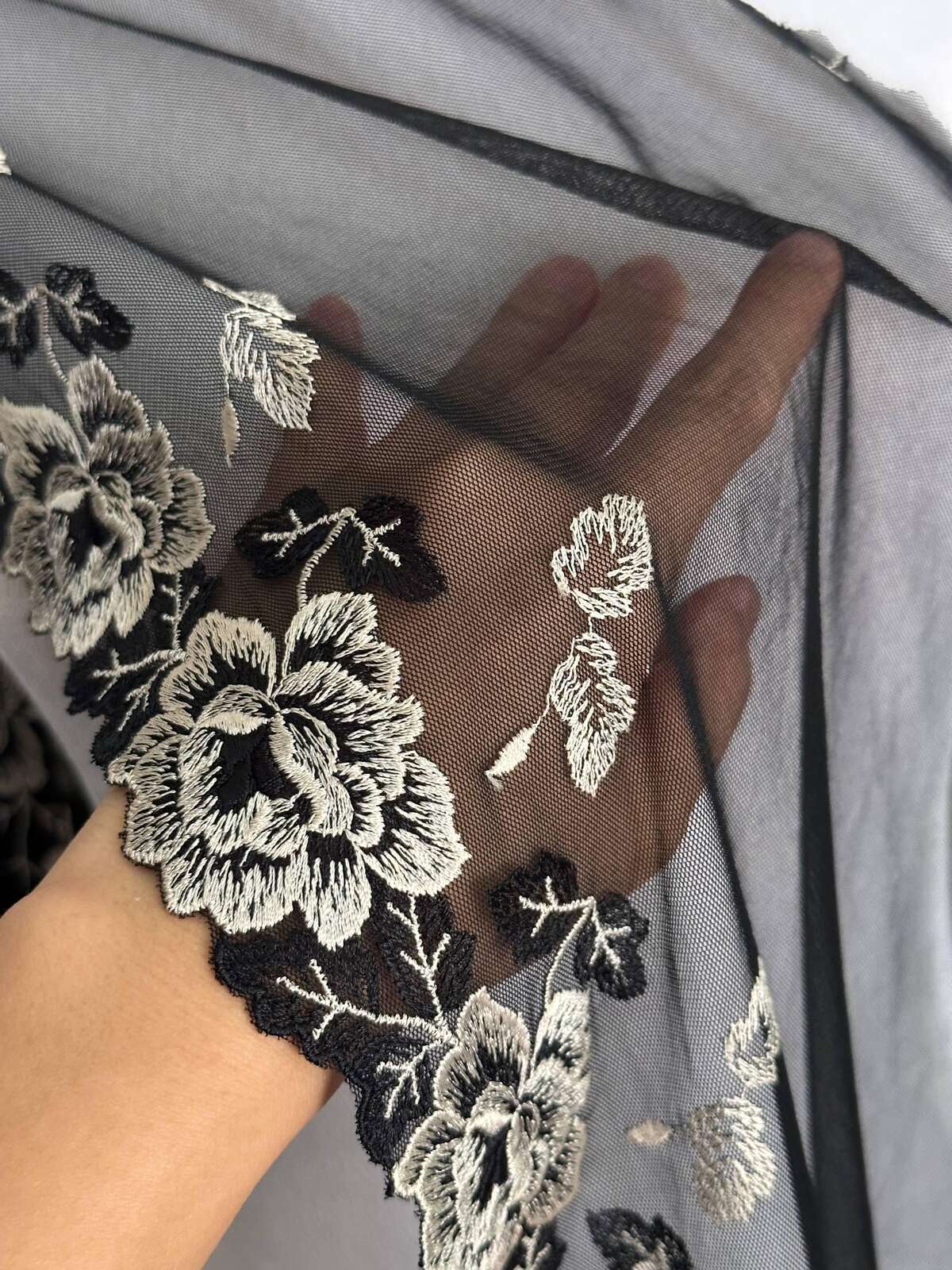 Black Ivory Embroidered Mesh Lace Trim, Extra Wide Tulle Border Ribbon, Coquette Craft Supply, 9", Retail Wholesale Bulk