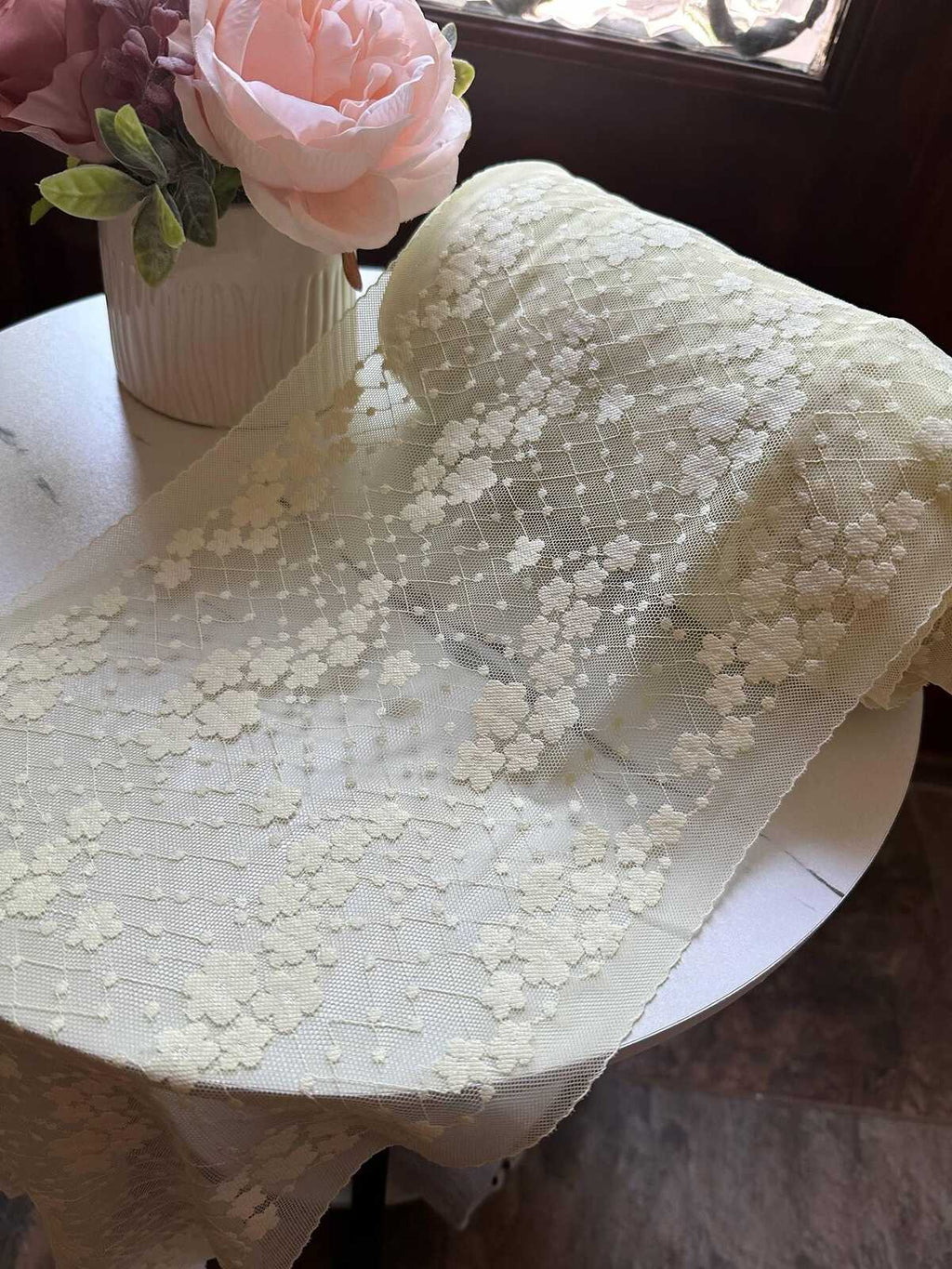 Lemon Cream Floral Stretch Lace Trim for Large Scrunchies Corset Gowns, Symmetrical Double Edge Extra Wide Galloon Elastic Ribbon, 8.5"