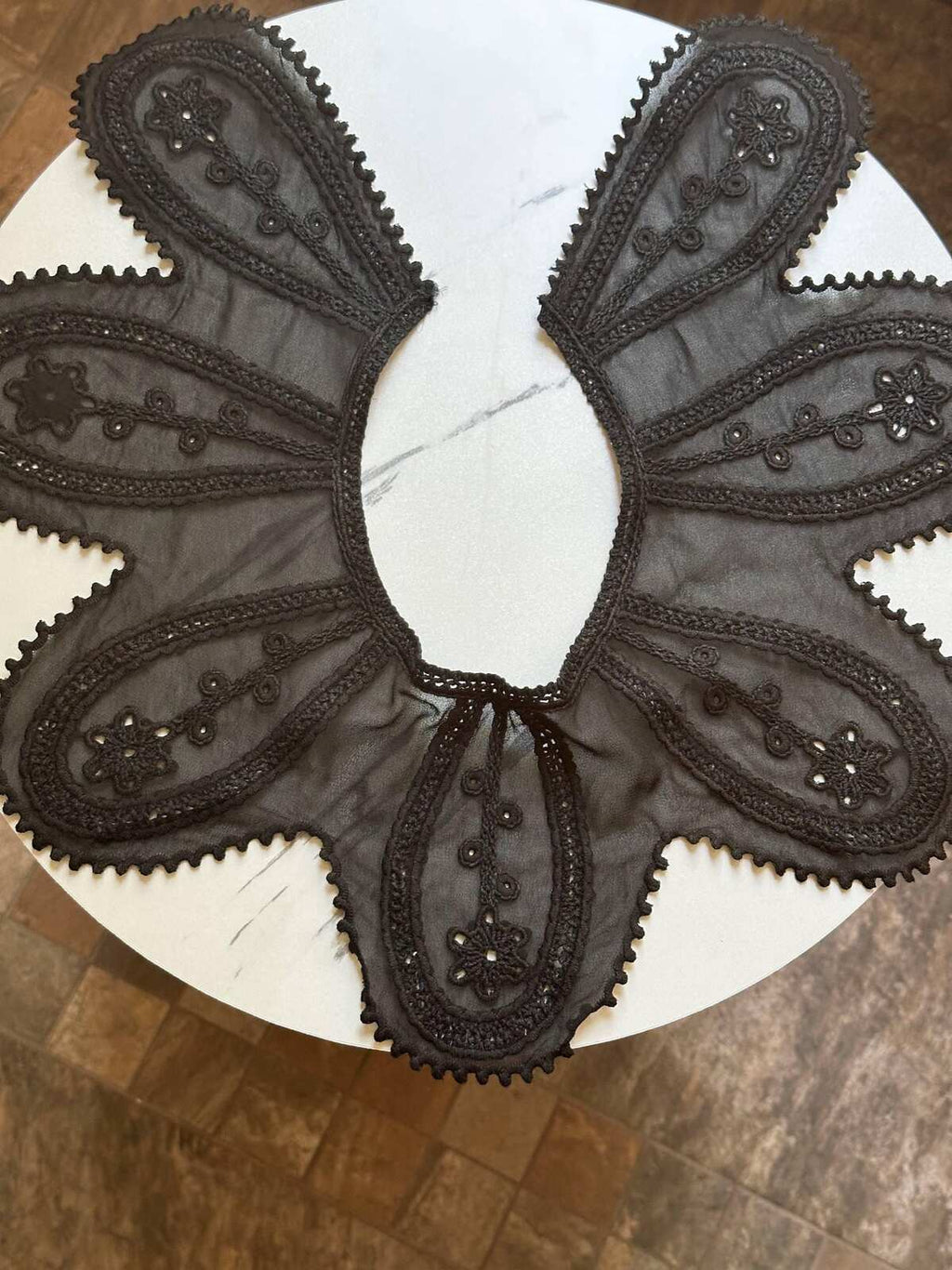 Black Organza Embroidered Lace Collar Detachable Peter Pan Neckline Applique Statement Bodice Motif for Gowns Blouses Crafts, 6"