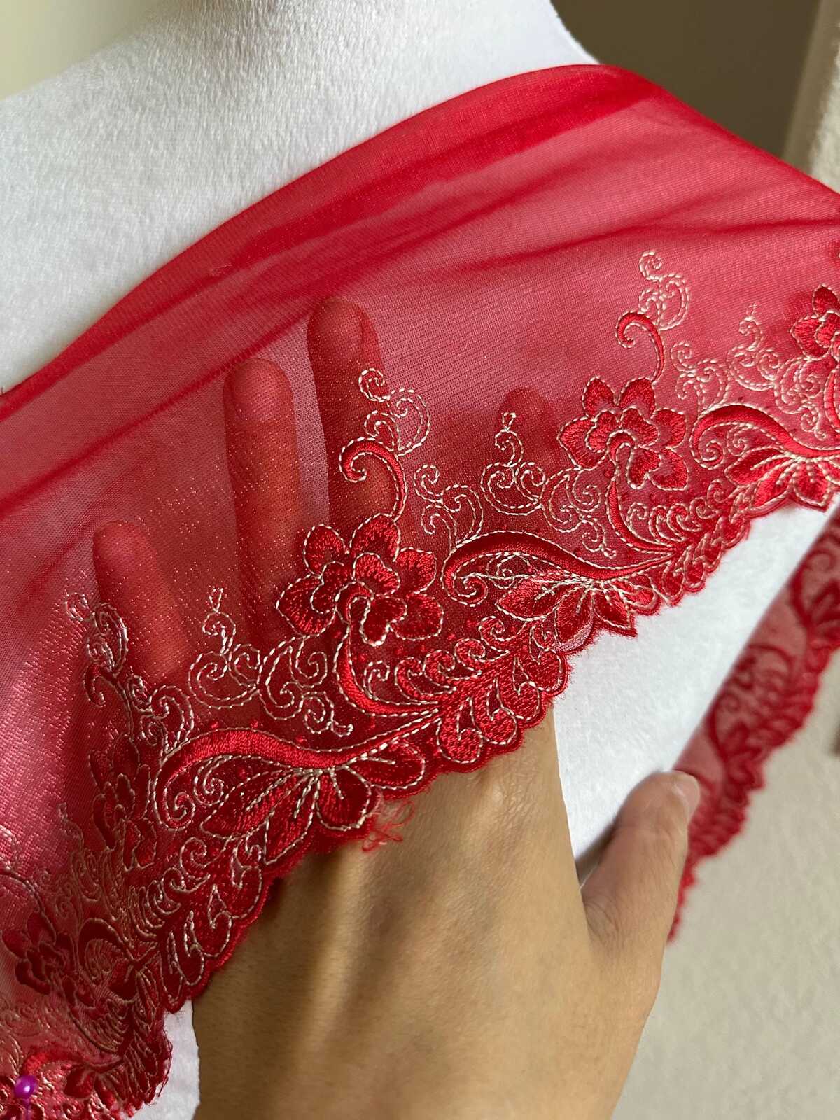 6" Red Embroidered Mesh Lace Trim Soft Tulle Scalloped Edge Floral Vine Ribbon for Lingerie Bridal Gowns Crafts Sewing