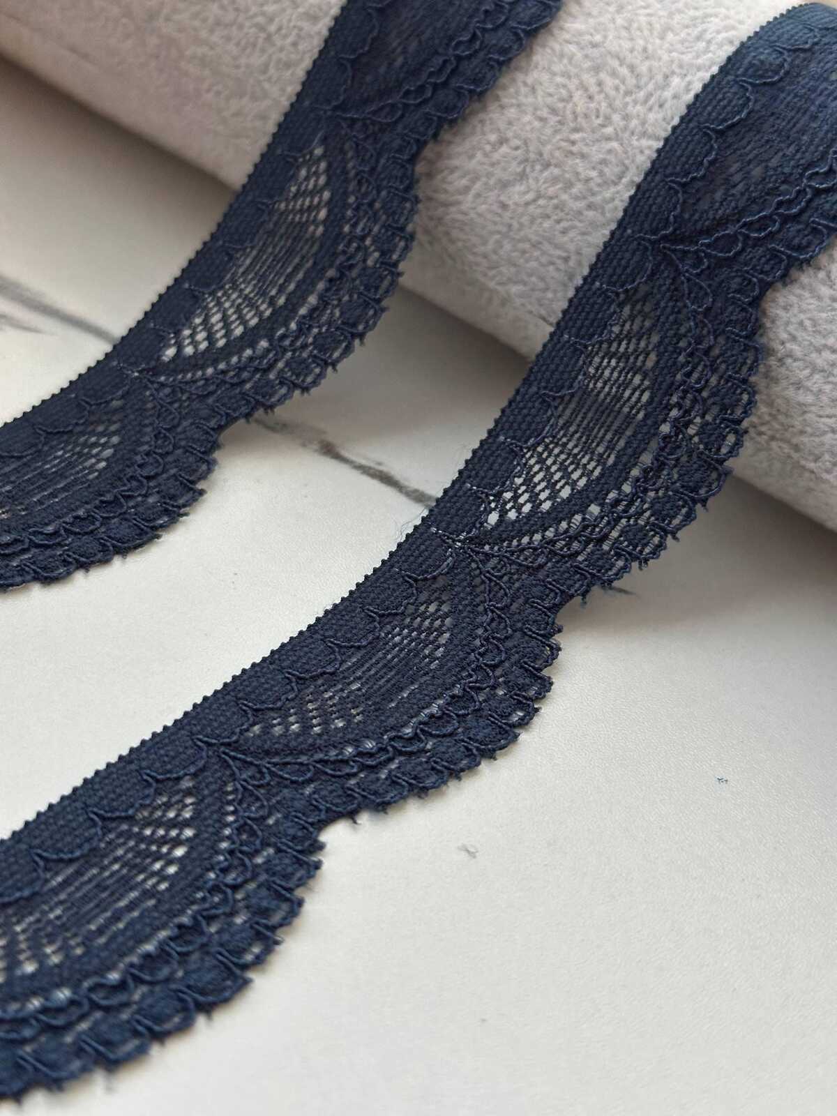 10Yds Stretch 1" Dark Navy Blue Scalloped Floral Stretch Lace Trim Wholesale