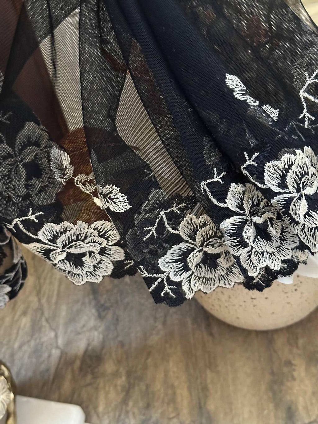 Black Ivory Embroidered Mesh Lace Trim, Extra Wide Tulle Border Ribbon, Coquette Craft Supply, 9", Retail Wholesale Bulk