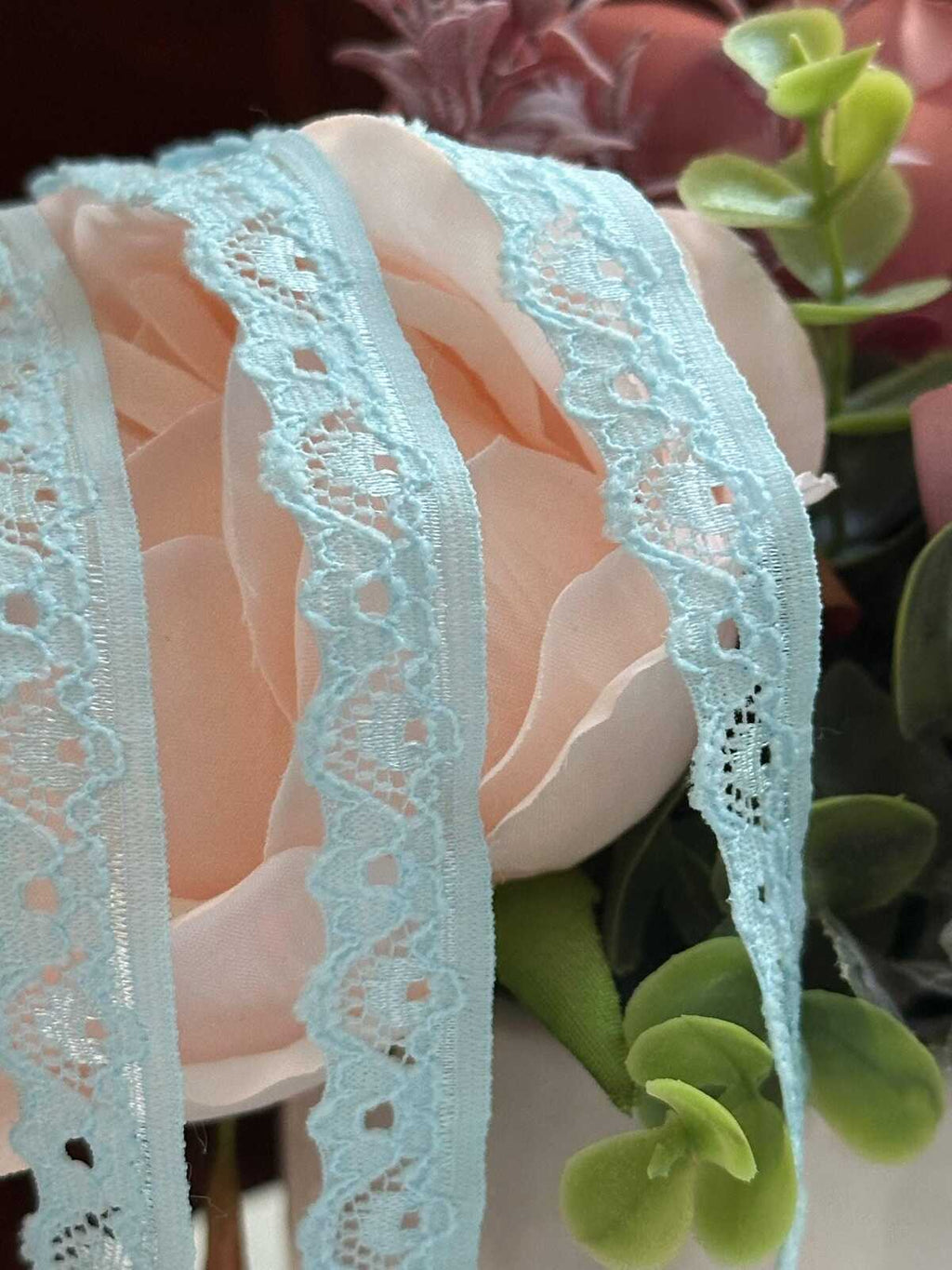 10yds Soft Ice Blue Floral Stretch Lace Trim , Narrow Scalloped Elastic Ribbon for Coquette Lingerie Crafts, 0.5",Retail Wholesale Bulk