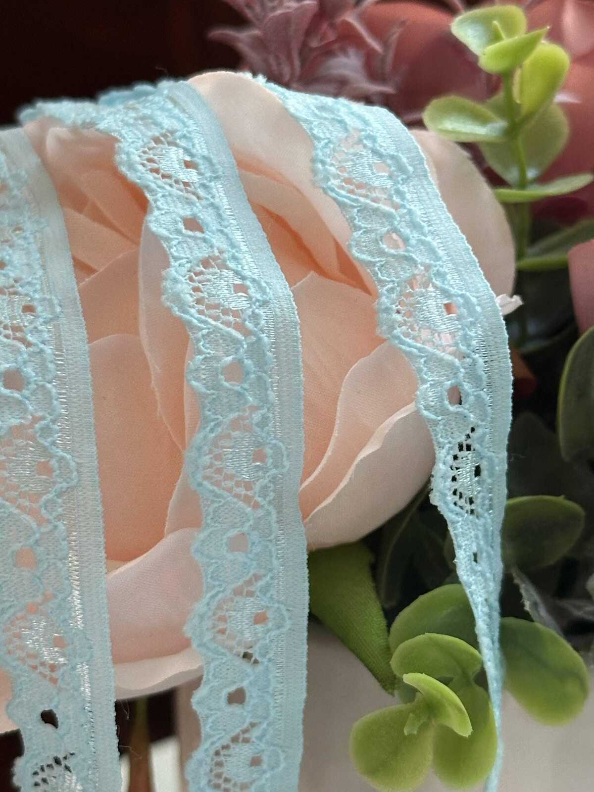 10yds Soft Ice Blue Floral Stretch Lace Trim , Narrow Scalloped Elastic Ribbon for Coquette Lingerie Crafts, 0.5",Retail Wholesale Bulk