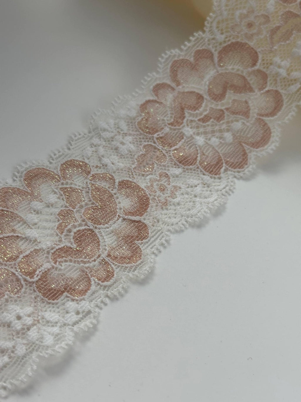 6Yds Stretch 2" Dusty Rose Gold Shimmer Floral Scalloped Stretch Lace Wholesale