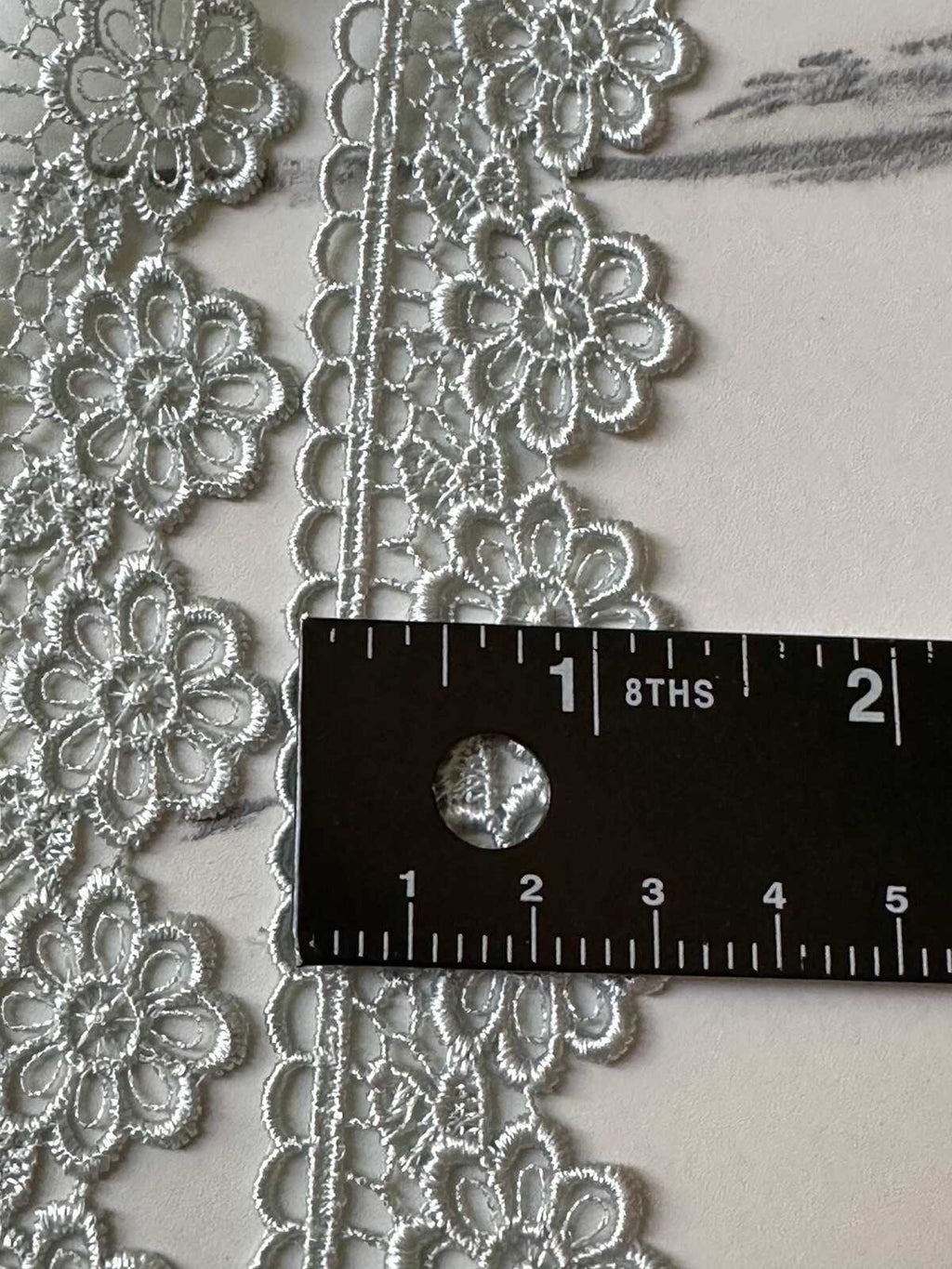 Sage Green Beading Daisies Venetian Guipure Chemical Water Soluble Lace Trim Ribbon Insertable Openwork Scalloped Edge Border Crafts, 1.25"