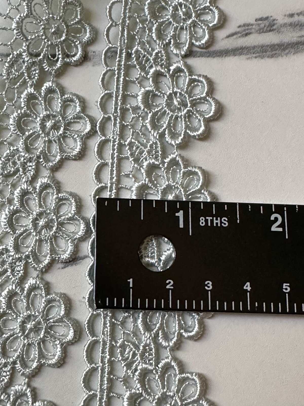 Sage Green Beading Daisies Venetian Guipure Chemical Water Soluble Lace Trim Ribbon Insertable Openwork Scalloped Edge Border Crafts, 1.25"