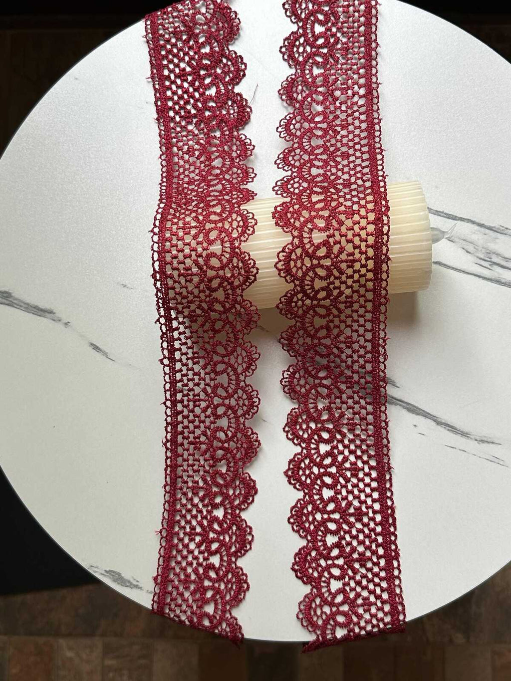 Burgundy Wine Red Venetian Guipure Chemical Water Soluble Lace Trim Symmetrical Double Scalloped Non Stretch Ribbon for Gowns Crafts, 2.5"