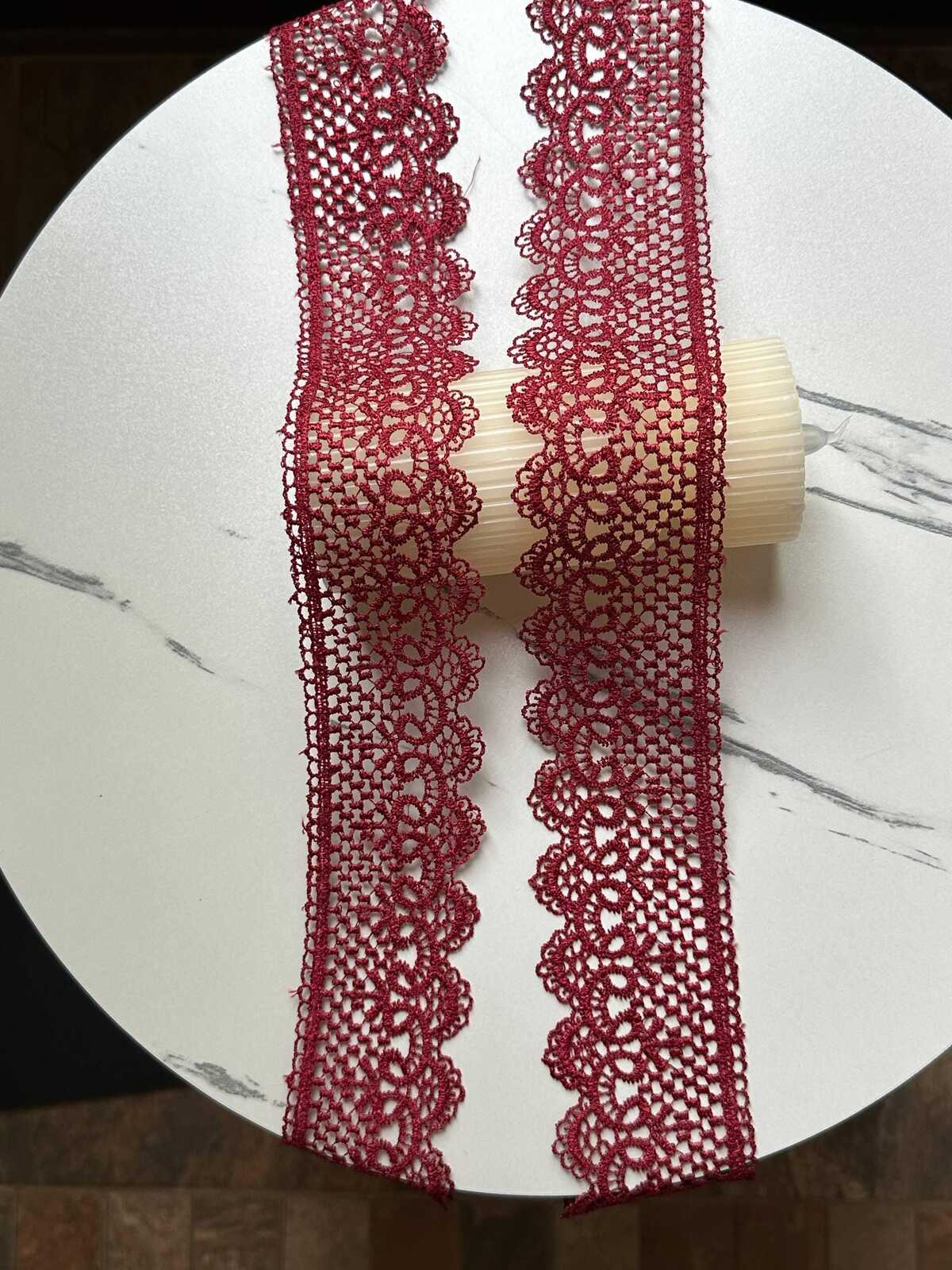 Burgundy Wine Red Venetian Guipure Chemical Water Soluble Lace Trim Symmetrical Double Scalloped Non Stretch Ribbon for Gowns Crafts, 2.5"