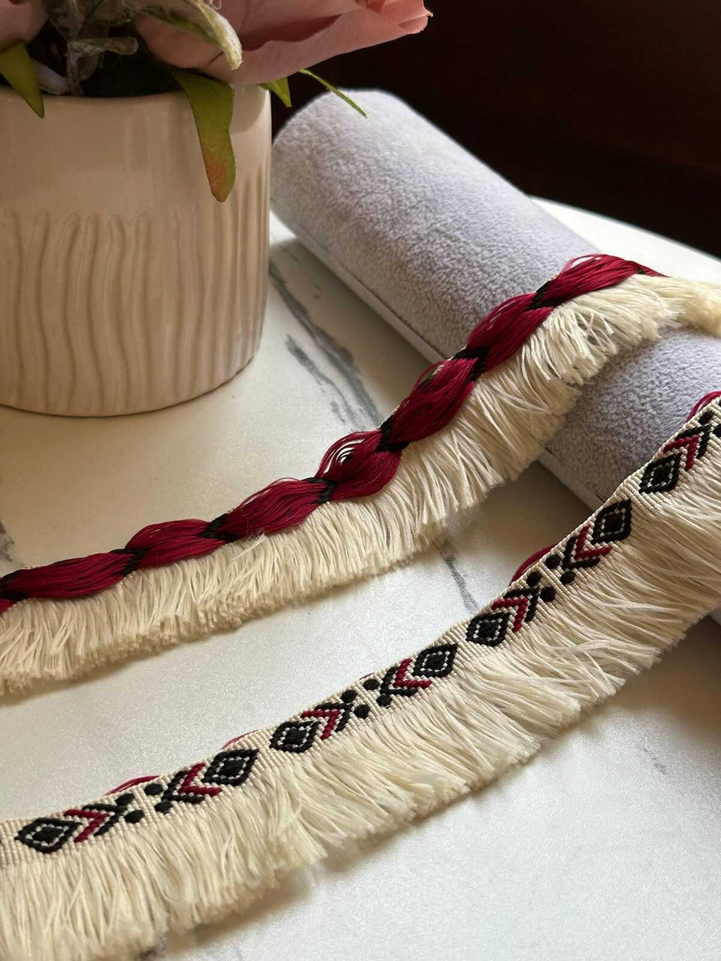 Burgundy Black Tribal Geometric Brush Fringe Trim by the Yard, Cotton Woven Jacquard Tassel Trim for Pillows Home Decor, 1.75"